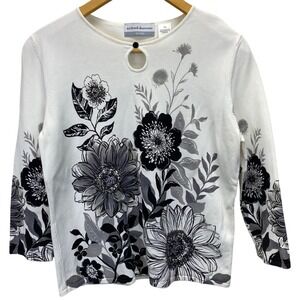 Alfred Dunner Petite Floral Print Crew Neck 3/4 Sleeve Knit Top PM Key Hole Neck
